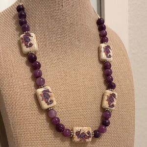 Purple Beaded Stone Necklace with Decorative Seahorse Accents 9”